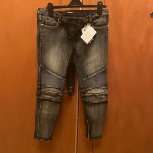Brand New Balmain Washed Black Denim Moto Jeans.